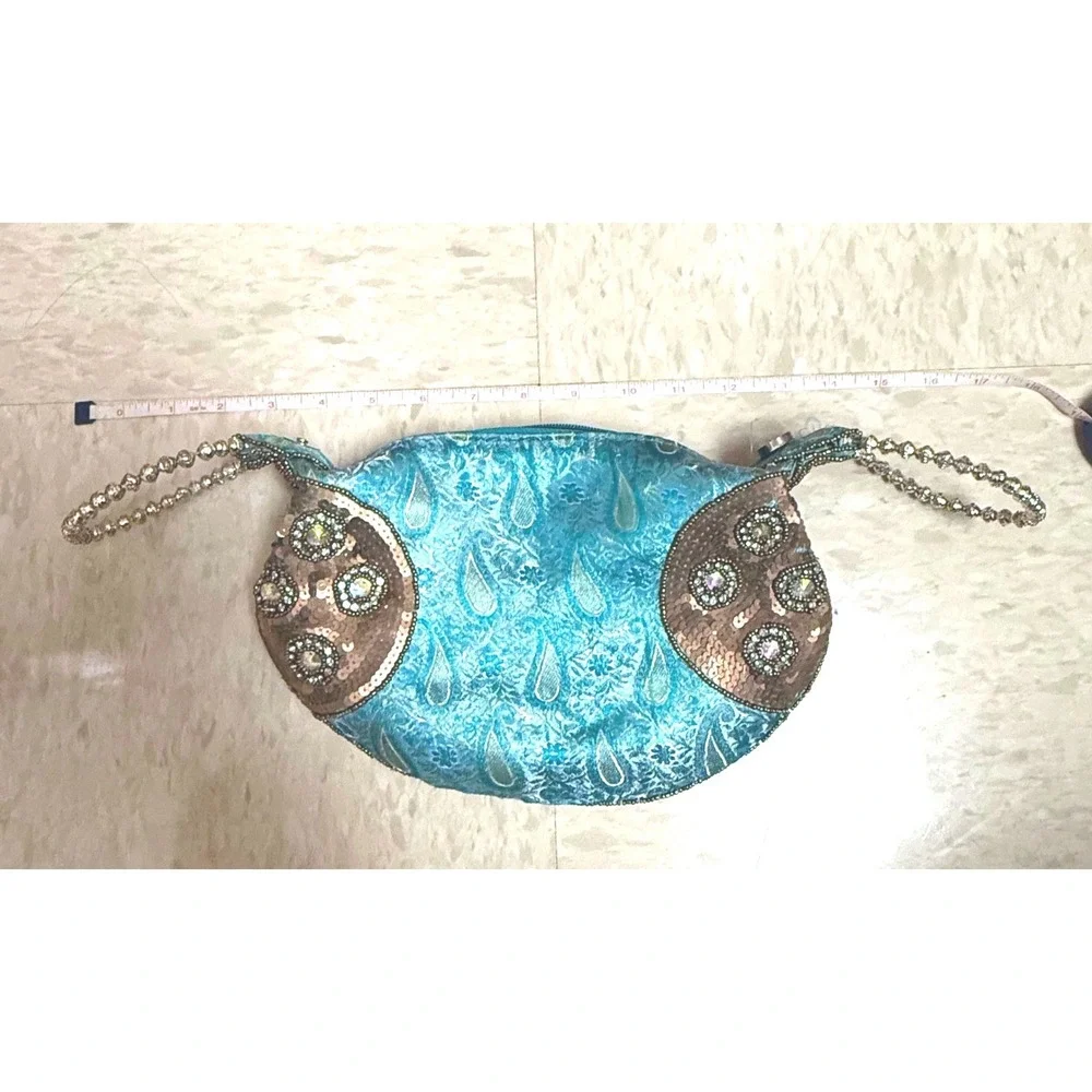 Turquoise Teal Paisley Brocade Wristlet Clutch Sequin Evening Bag Fortune Cookie